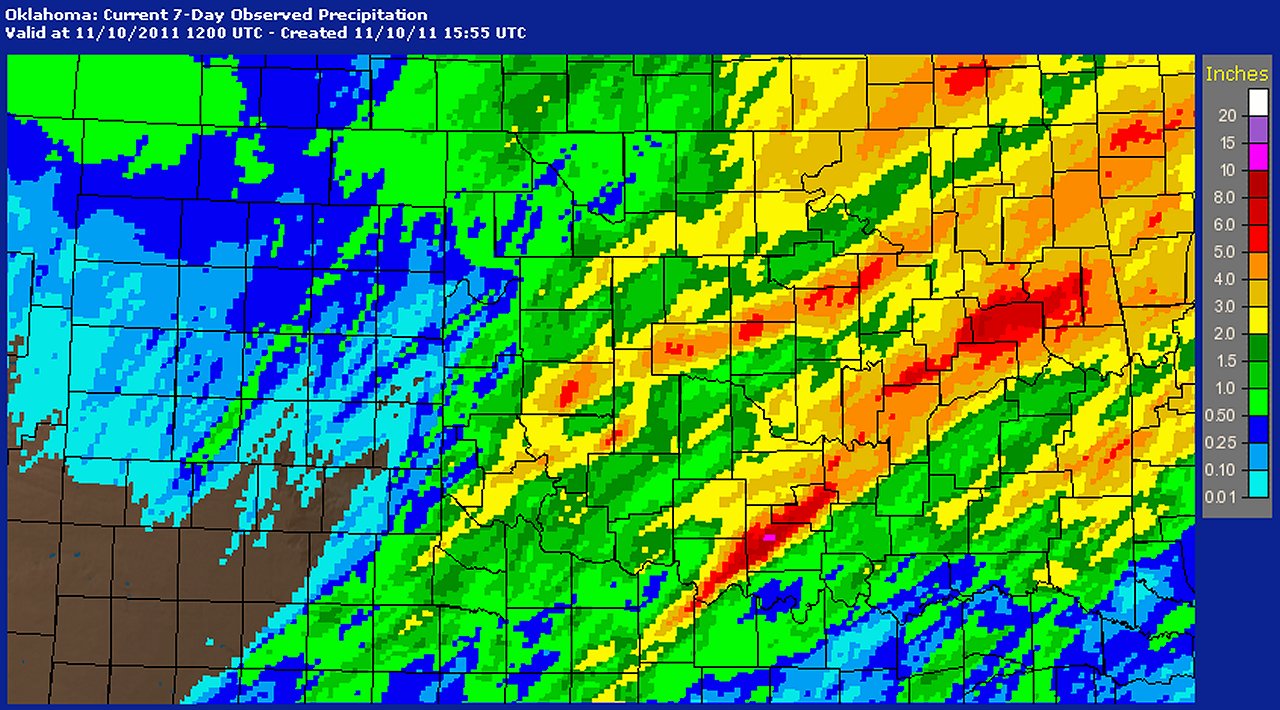 7-day Multisensor Precipitation Estimate Map for Oklahoma and Western North Texas ending at 6 AM CST on November 10, 2011