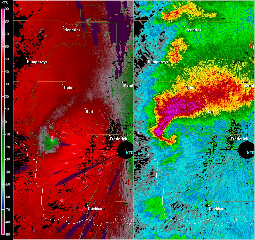 Frederick, OK (KFDR) Radar Images of Storm Relative Velocity and Reflectivity at 2:47 PM CST on November 7, 2011
