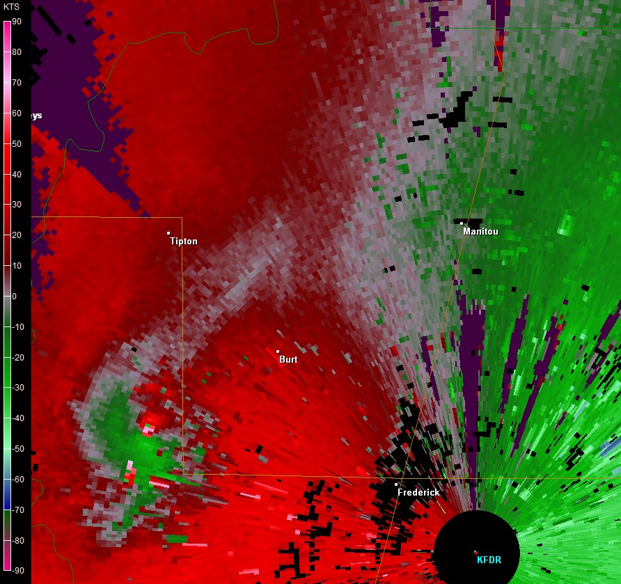 Radar Velocity of a tornado-producing supercell south of Tipton, OK