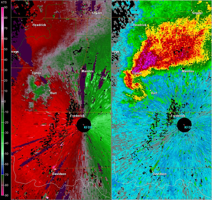Frederick, OK (KFDR) Radar Images of Storm Relative Velocity and Reflectivity at 3:00 PM CST on November 7, 2011