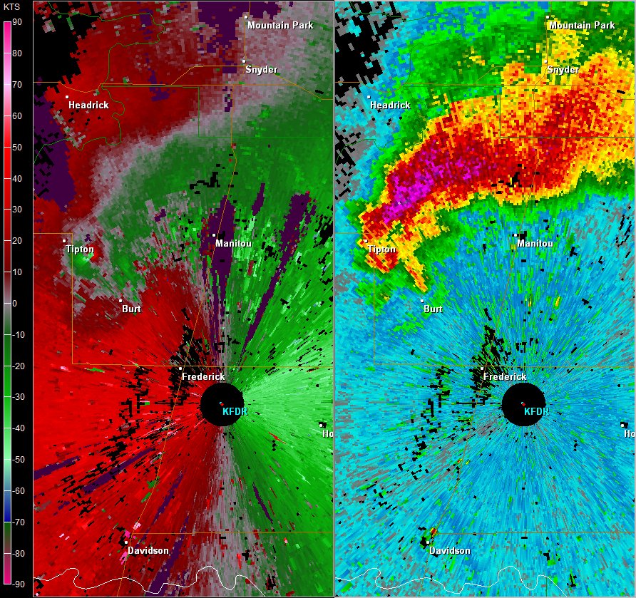Frederick, OK (KFDR) Radar Images of Storm Relative Velocity and Reflectivity at 3:04 PM CST on November 7, 2011