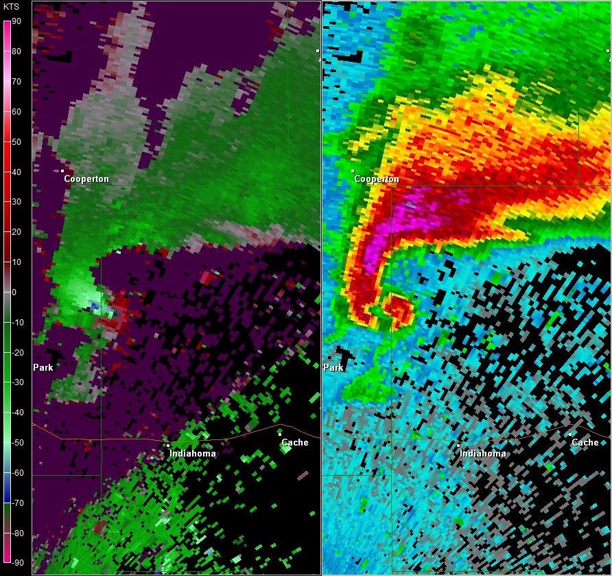 Frederick, OK (KFDR) Radar Images of Storm Relative Velocity and Reflectivity at 3:56 PM CST on November 7, 2011