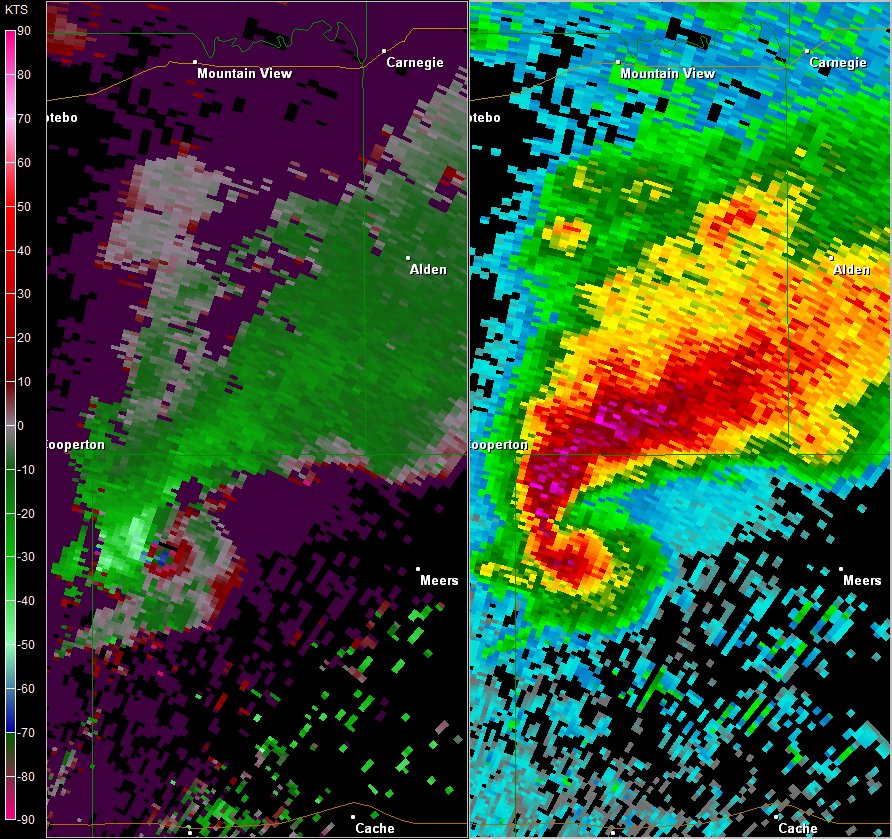 Frederick, OK (KFDR) Radar Images of Storm Relative Velocity and Reflectivity at 4:04 PM CST on November 7, 2011