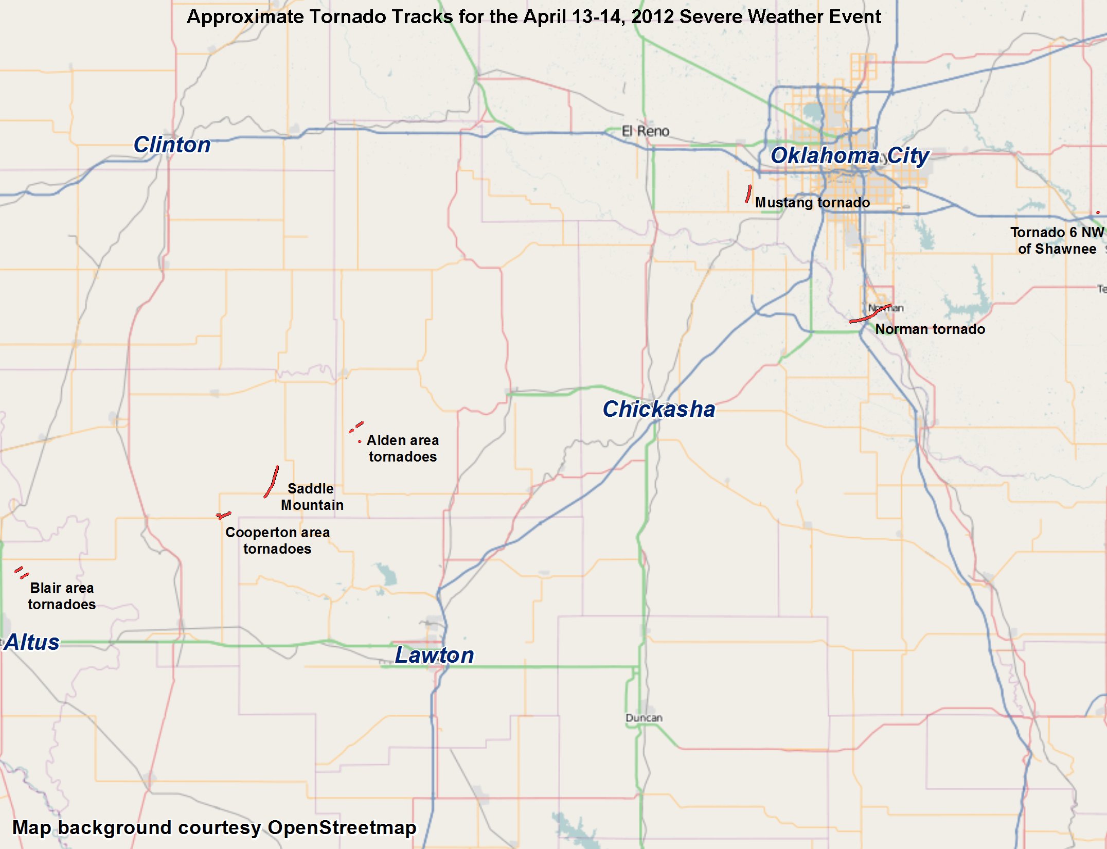 Map of the Approximate Tornado Tracks for the April 13-14, 2012 Severe Weather Event