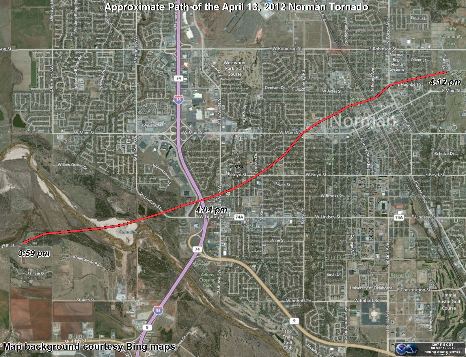 Preliminary Path of the April 13, 2012 Norman, Oklahoma Tornado