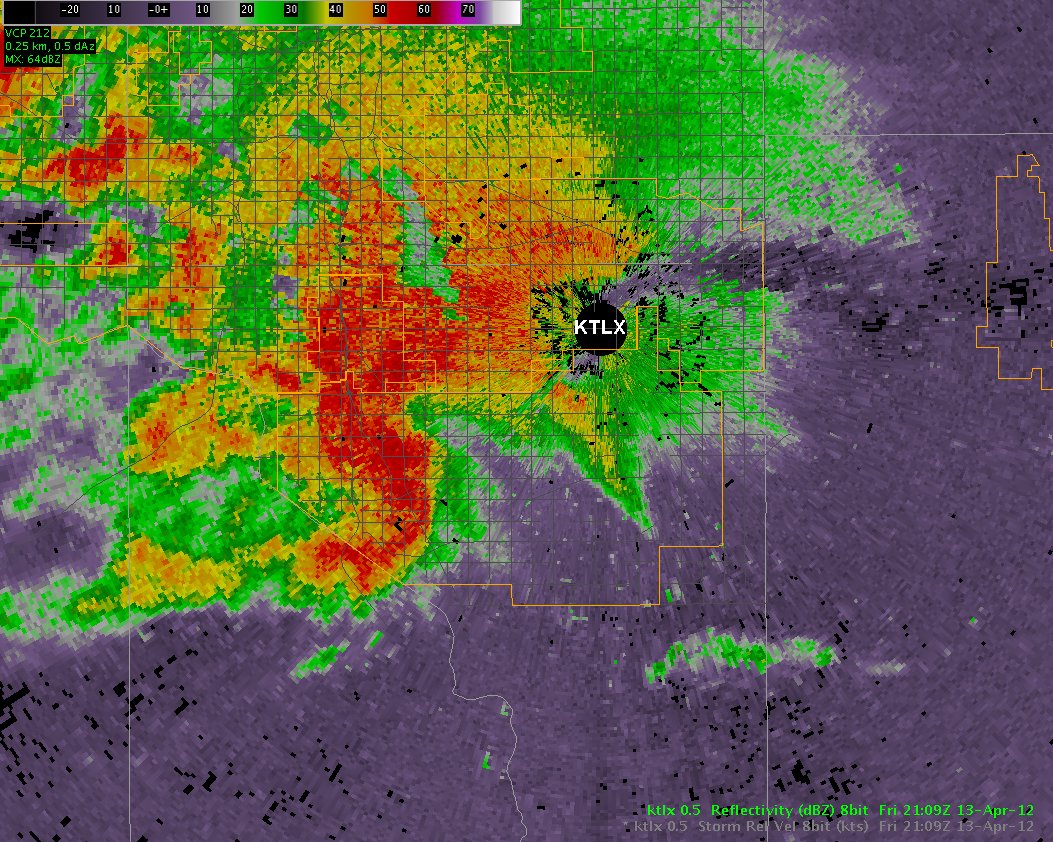 Reflectivity Image for the Norman, OK at 4:09 pm CDT on April 13, 2012 from the Twin Lakes, OK (KTLX) Radar