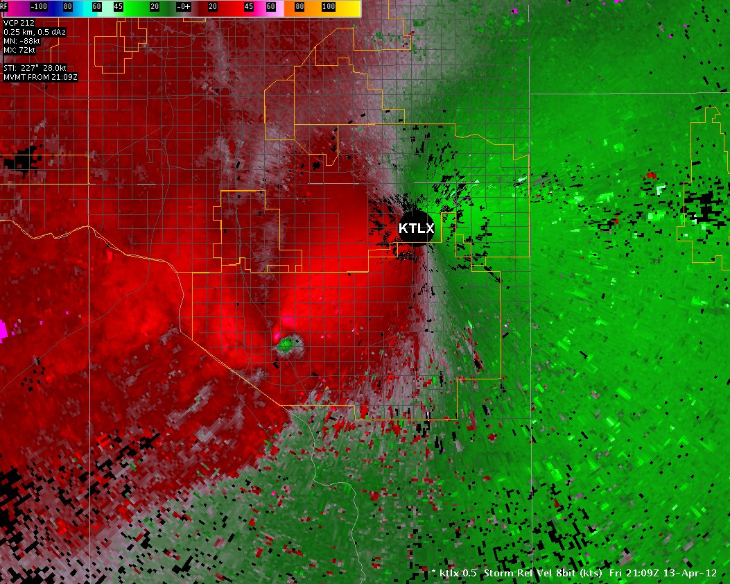 Storm Relative Velocity Image for the Norman, OK at 4:09 pm CDT on April 13, 2012 from the Twin Lakes, OK (KTLX) Radar