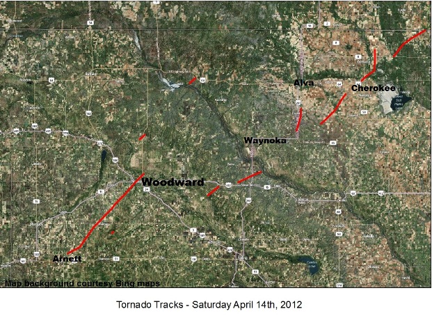 Map of the Approximate Tornado Tracks for the April 14, 2012 Severe Weather Outbreak