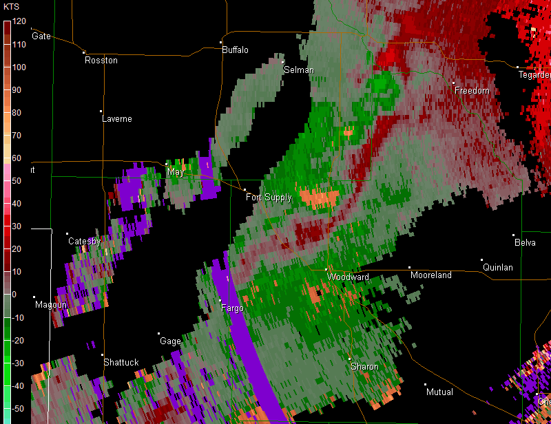 Storm Relative Velocity Loop for the Vance AFB, OK (KVNX) Radar from 11:45 pm CDT - 12:37 am CDT on April 14-15, 2012
