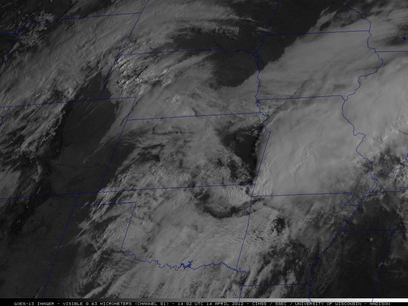 Loop of the 1-km resolution GOES-13 0.63 µm visible channel images from 9:02 am - 7:45 pm CDT on April 14, 2012.