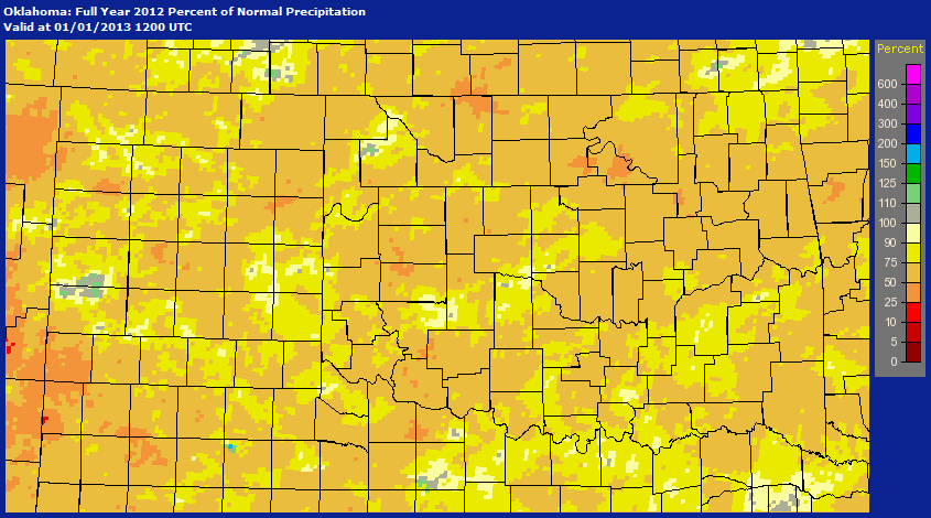 Percent of Normal Precipitation That Has Occurred Across the NWS Norman Forecast Area for 2012
