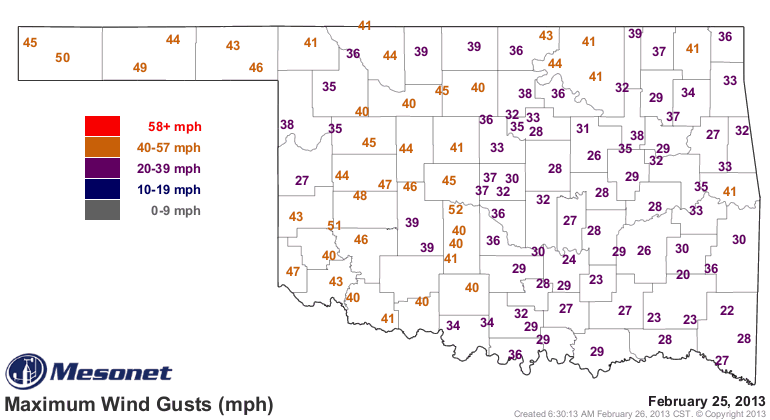 Oklahoma Wind Gust Map for February 25, 2013