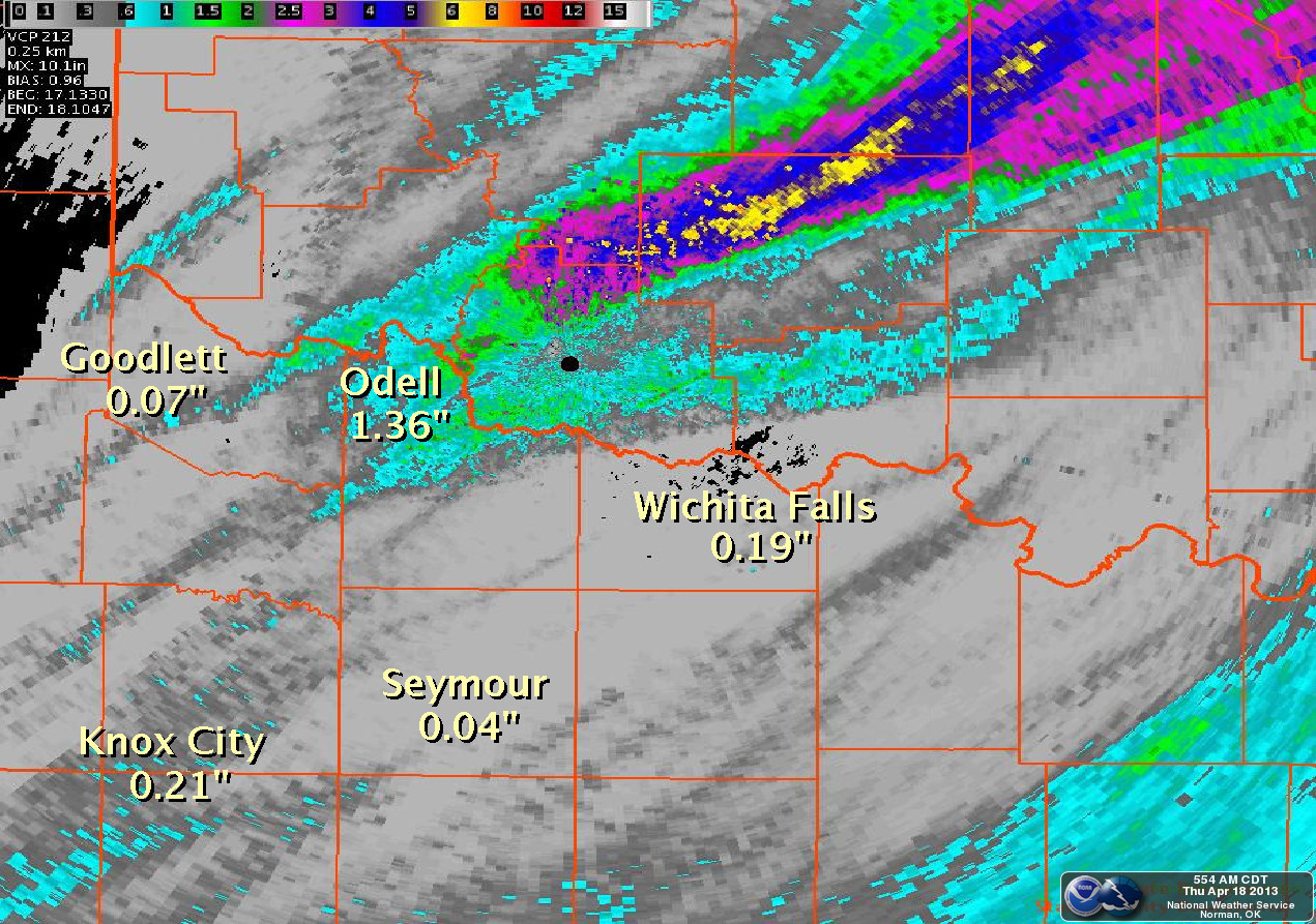 Dual Pol Storm Total Precipitation Estimates from the Frederick, OK Radar Ending at 5:47 am CDT on 4/18/2013