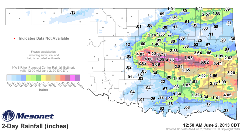 48-hour Multisensor Radar  Rainfall Estimates and Oklahoma Mesonet Rainfall Totals for the 48-hour Period Ending at 12:50 AM CDT on June 2, 2013