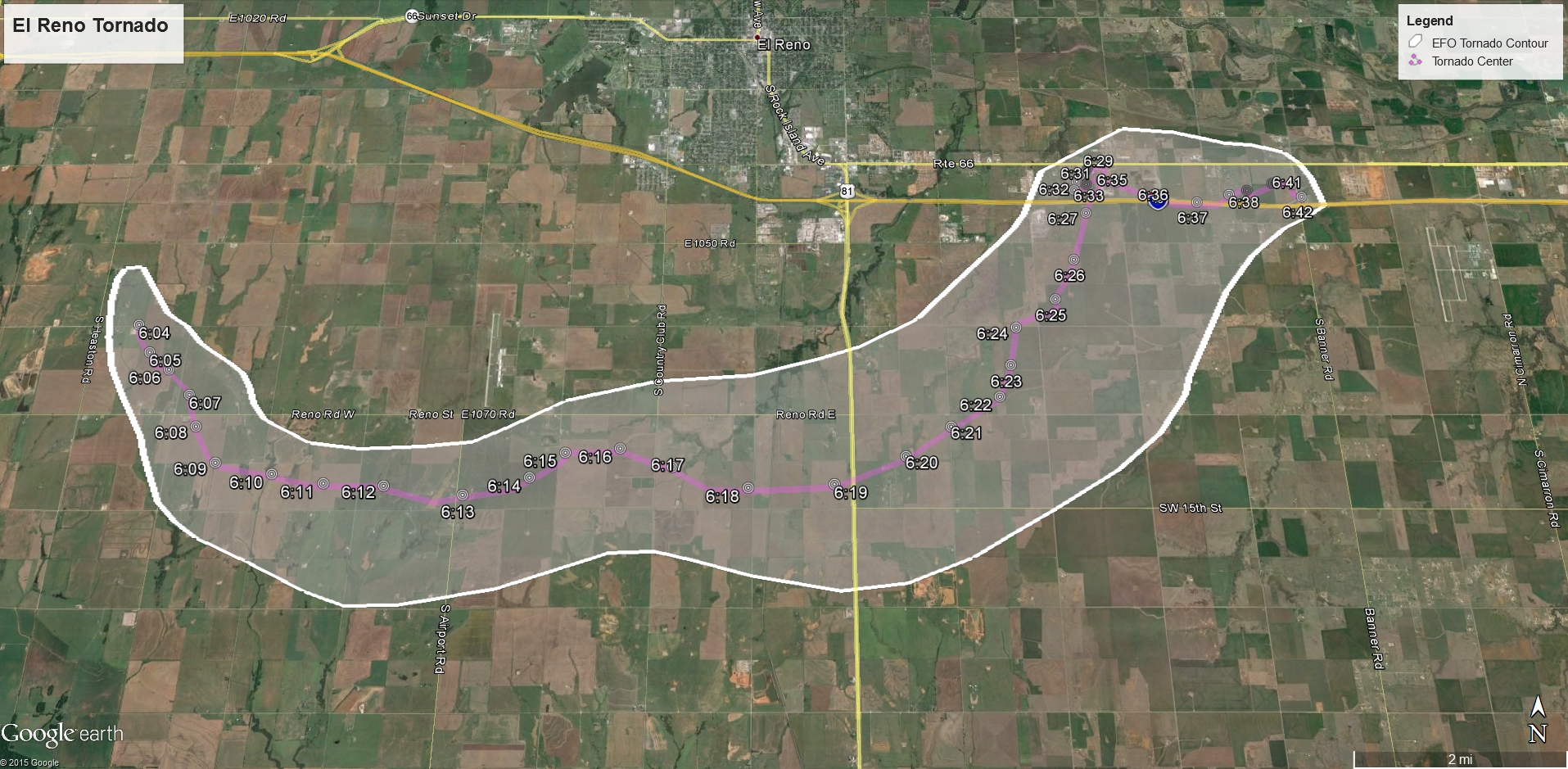May 31, 2013 El Reno Tornado Path Map with Centroid Times