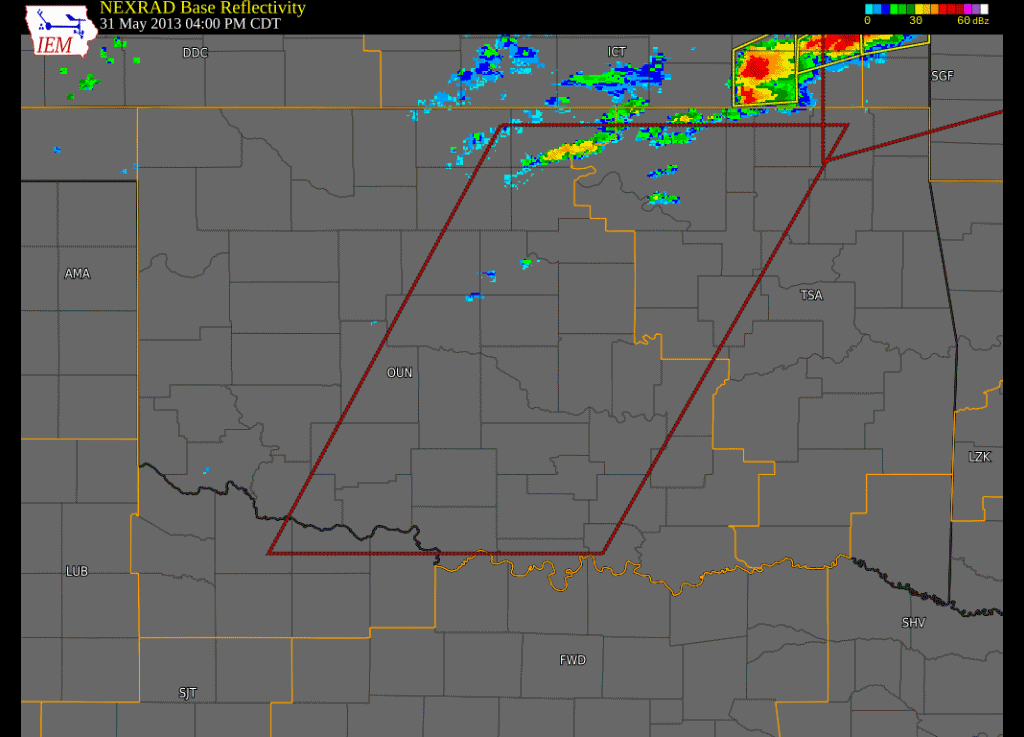 Regional Radar Reflectivity Loop with Watch and Warning Polygons from 4:00 pm CDT on May 31, 2013 to 10:00 am CDT on June 1, 2013 Created Via the ISU Iowa Environmental Mesonet Website