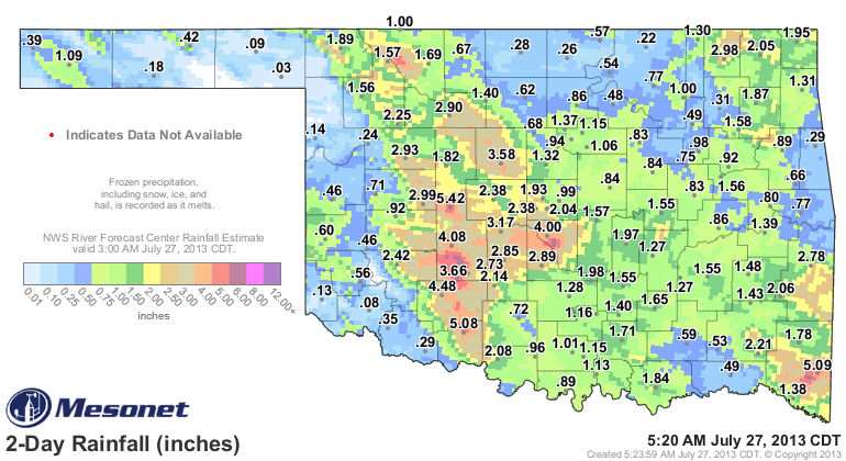 48-hour Rainfall Total in Oklahoma from 5 AM CDT on 7/25/2013 - 5 AM CDT on 7/25/2013