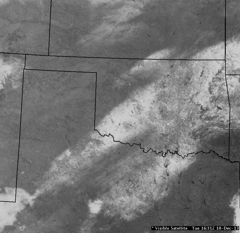 Regional Visible Satellite Image of the Snow Band in Oklahoma and North Texas at 10:31 AM CST on December 10, 2013