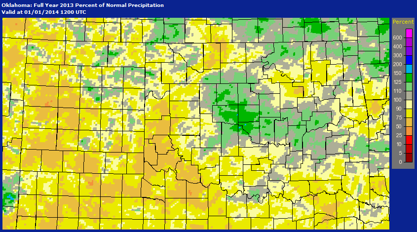 Percent of Normal Precipitation That Has Occurred Across the NWS Norman Forecast Area for 2013