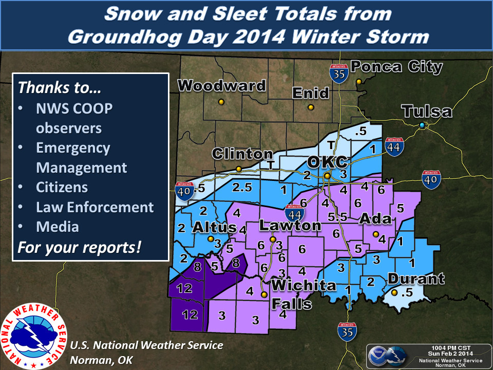 Storm Total Snowfall Amounts for the February 2, 2014 Winter Storm in Southern Oklahoma and North Texas