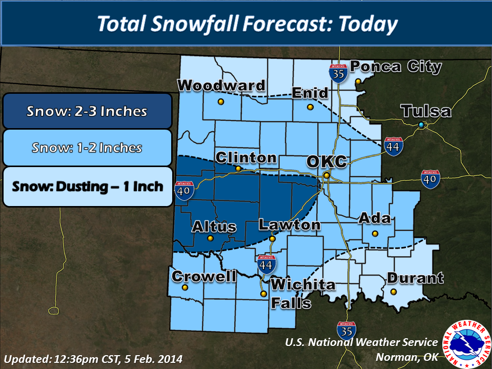 Snowfall Accumulation Forecast for the NWS Norman Forecast Area Issued at 12:36 PM CST on 2/05/2014