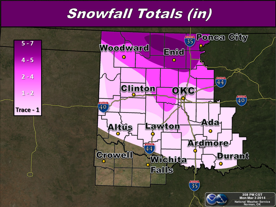 Total Snowfall Amounts for the March 1-2, 2014 Winter Weather Event in Southern Oklahoma and North Texas