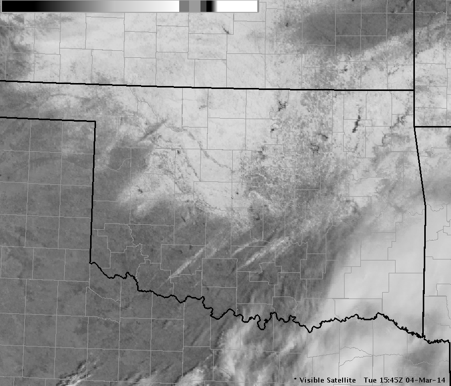 Visible Satellite Image at 9:45 AM CST on March 4, 2014 Showing the Snow and Sleet Field in Oklahoma