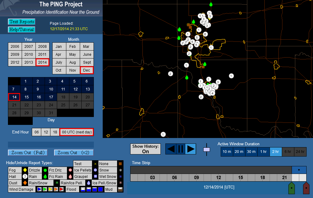Map showing a 2-hour duration of mPING Reports in the OKC metro area.