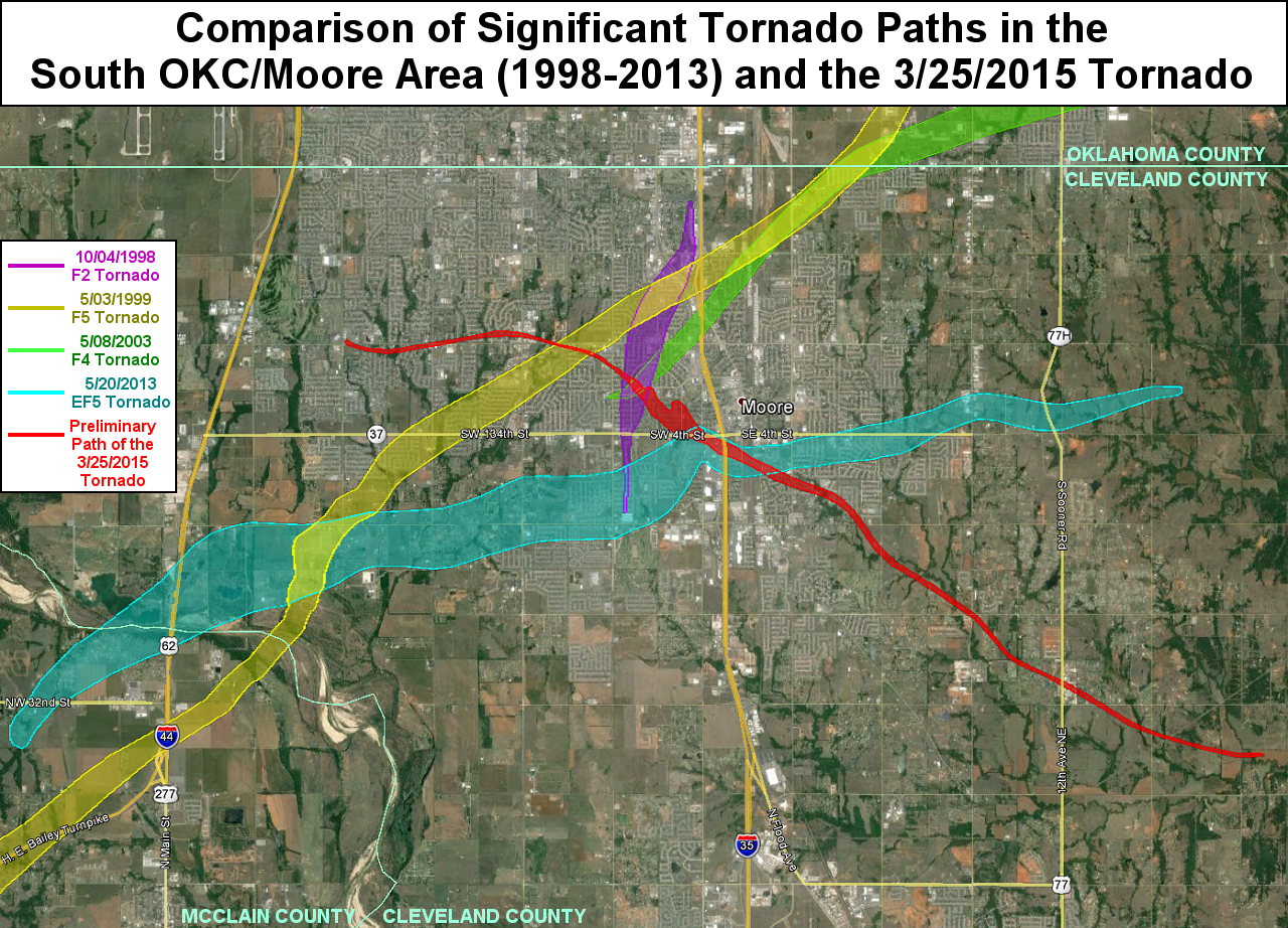 Comparison of Significant Tornadoes in the South OKC/Moore Area (1998-2013) with the March 25, 2015 SW OKC/Moore EF2 Tornado