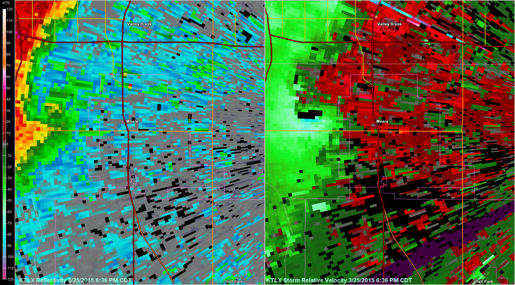 2-panel Loop of Reflectivity/Storm Relative Velocity for the Twin Lakes, OK (KTLX) Radar on March 25, 2015