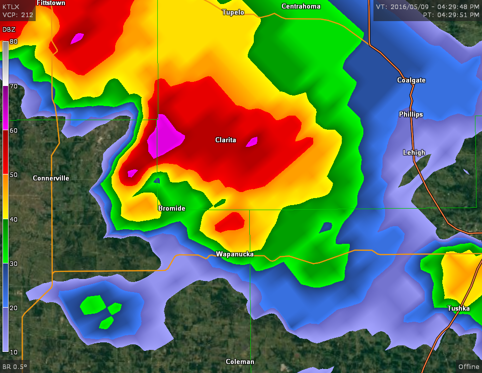 Radar Radar Reflectivity Image of a Supercell Thunderstorm over parts of Johnston, Coal and Atoka counties from the Twin Lakes, Oklahoma Radar (KTLX) at 4:30 pm CST (5:30 pm CDT) on May 9, 2016