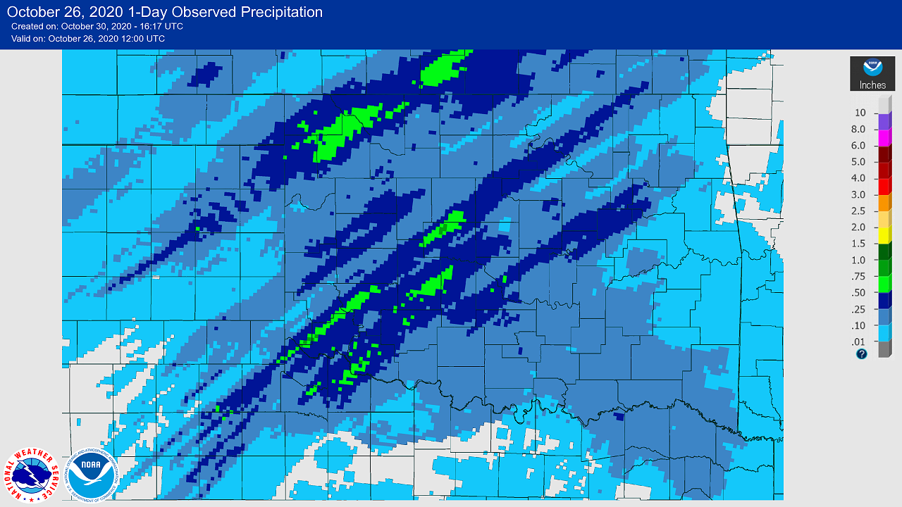 24-hour Precipitation Total ending at 7:00 AM CDT on October 26, 2020 for the NWS Norman, Oklahoma Forecast Area
