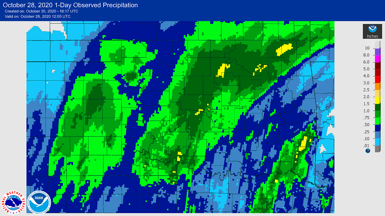 24-hour Precipitation Total ending at 7:00 AM CDT on October 28, 2020 for the NWS Norman, Oklahoma Forecast Area