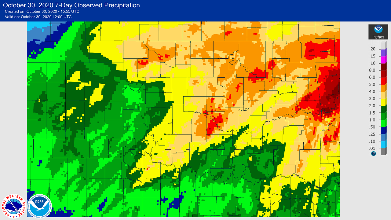 7-day Precipitation Total ending at 7:00 AM CDT on October 30, 2020 for the NWS Norman, Oklahoma Forecast Area