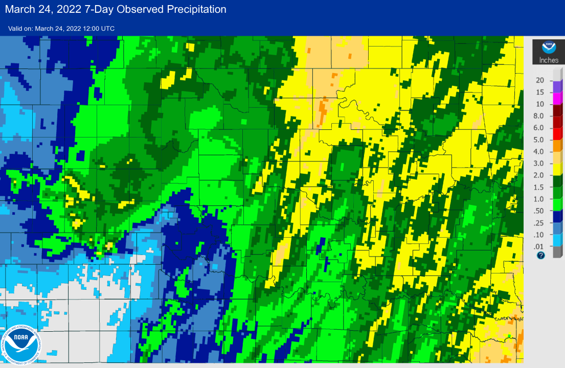 7-day Multisensor Precipitation Totals ending at 7:00 am CDT on March 24, 2022