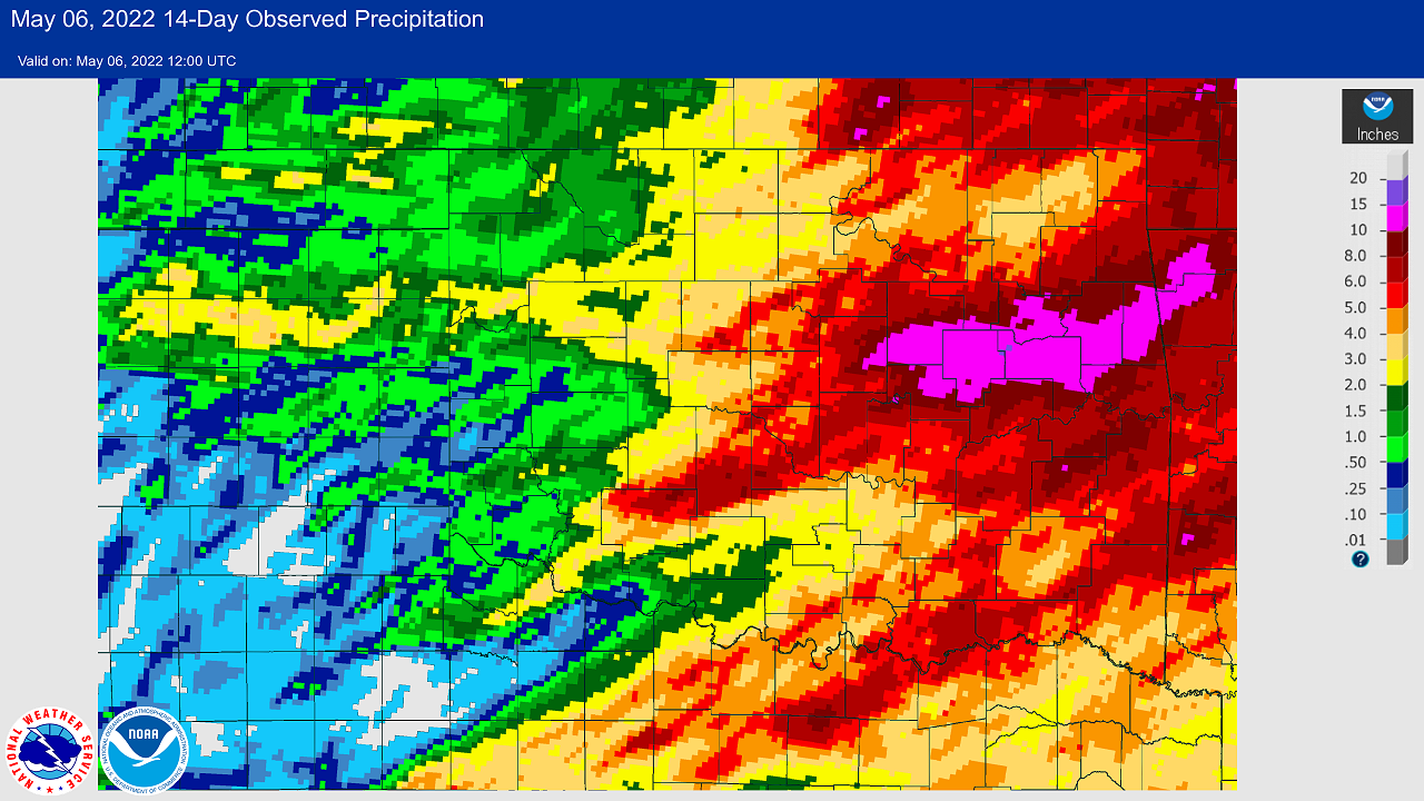 14-day Multisensor Precipitation Totals ending at 7:00 am CDT on May 6, 2022