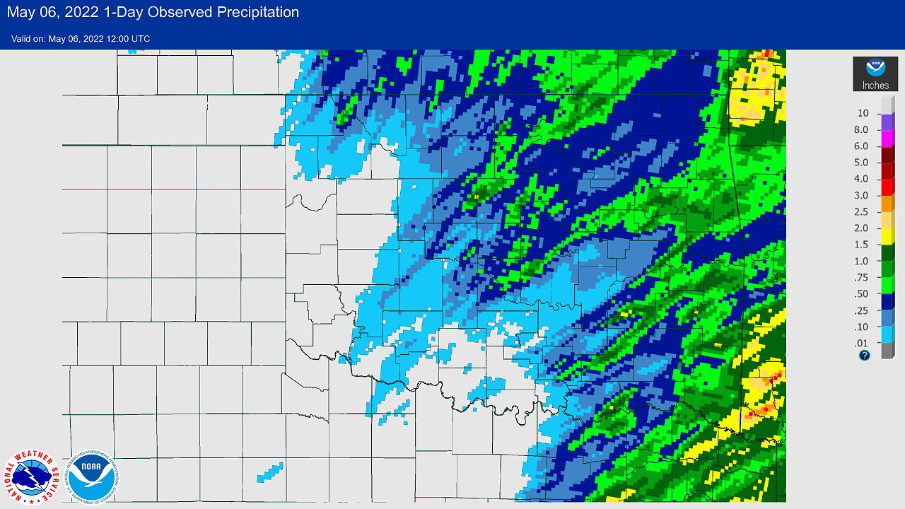 24-hour Multisensor Precipitation Totals ending at 7:00 am CDT on May 6, 2022