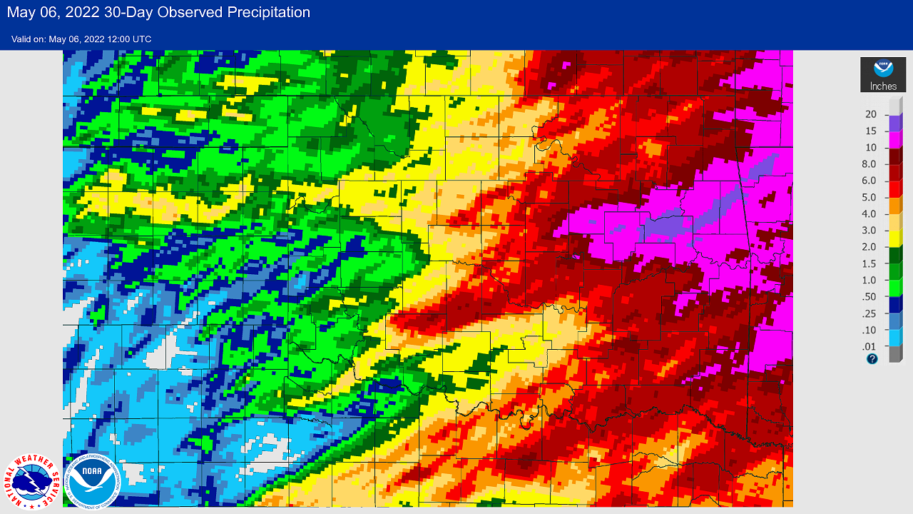 30-day Multisensor Precipitation Totals ending at 7:00 am CDT on May 6, 2022