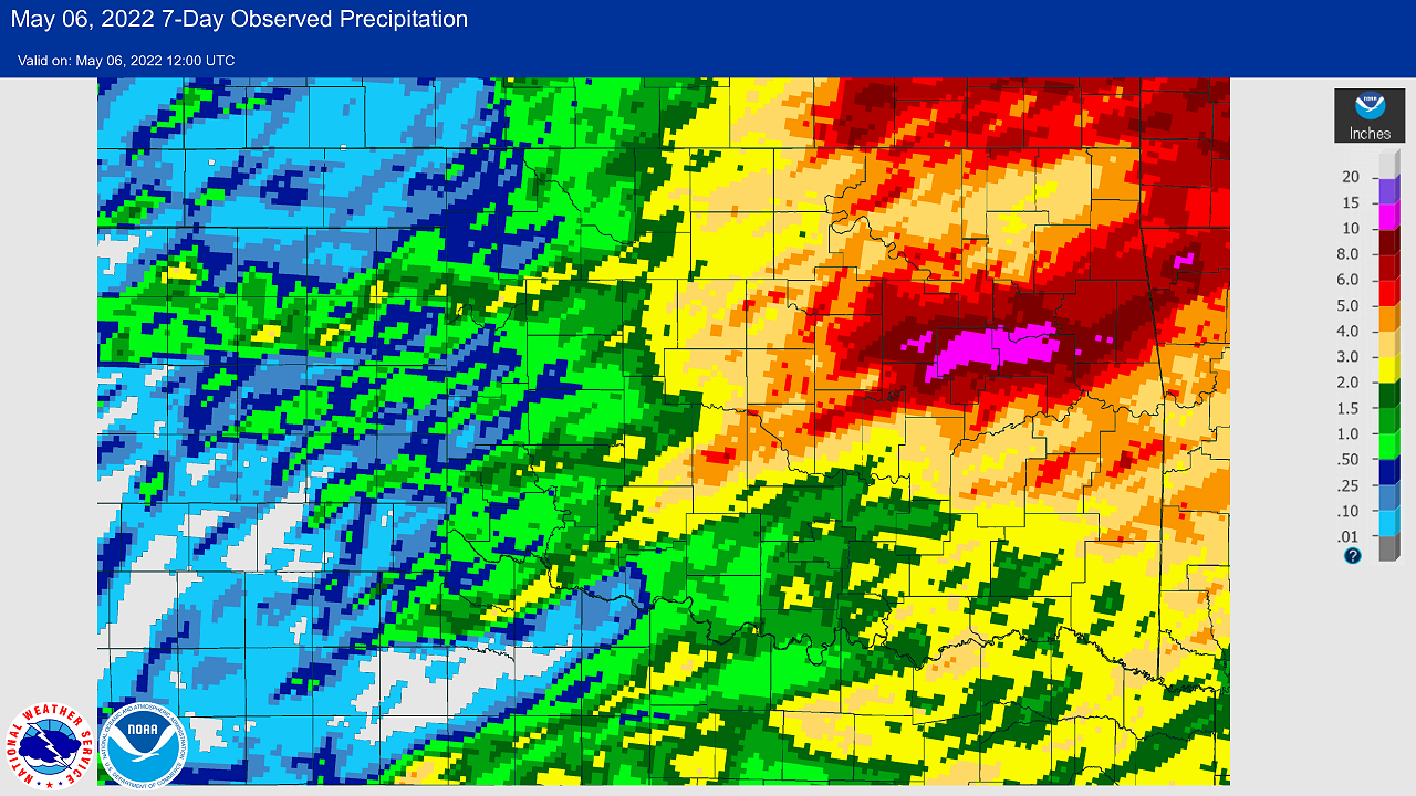 7-day Multisensor Precipitation Totals ending at 7:00 am CDT on May 6, 2022
