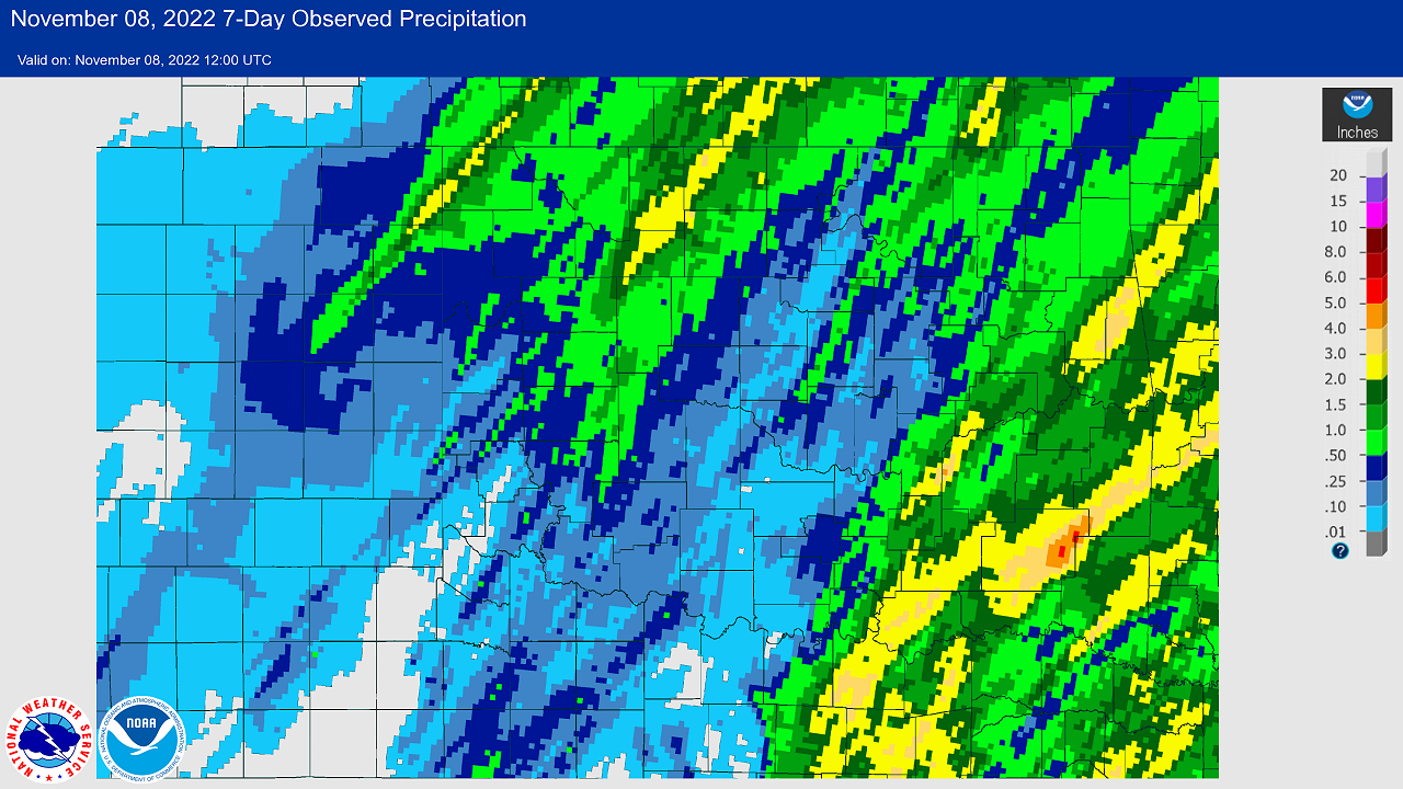 7-day Multisensor Precipitation Totals ending at 6:00 am CST on November 8, 2022