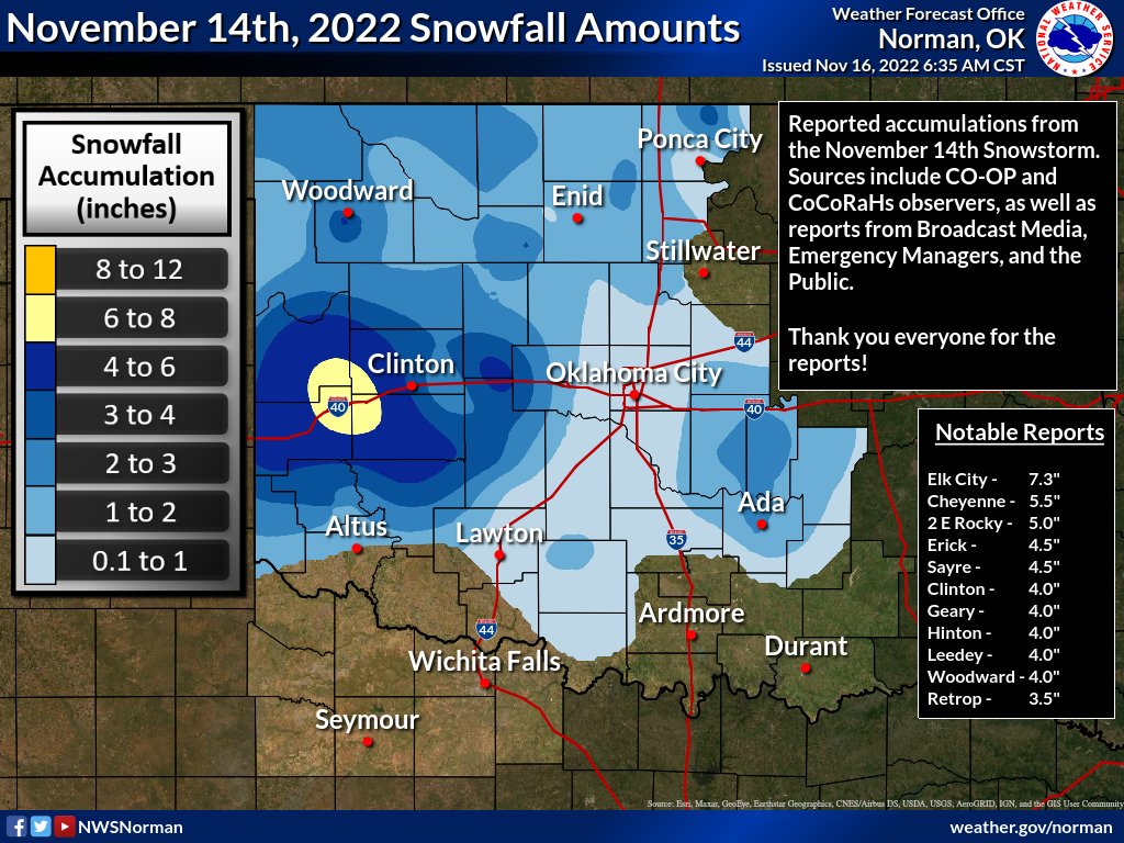 Total Snowfall Amounts for the November 14, 2022 Snowfall Event in Central/Western Oklahoma