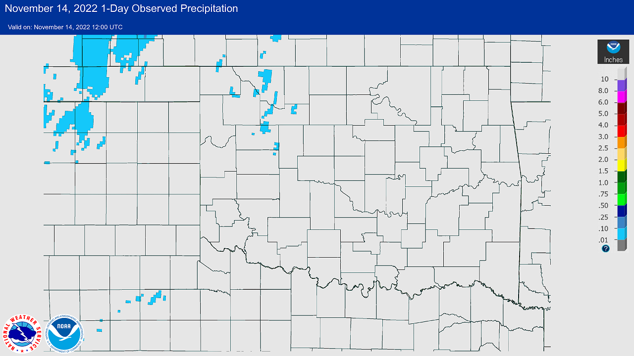 24-hr Precipitation Amounts Ending at 6 AM CST on November 14, 2022 Snowfall Event in Central/Western Oklahoma
