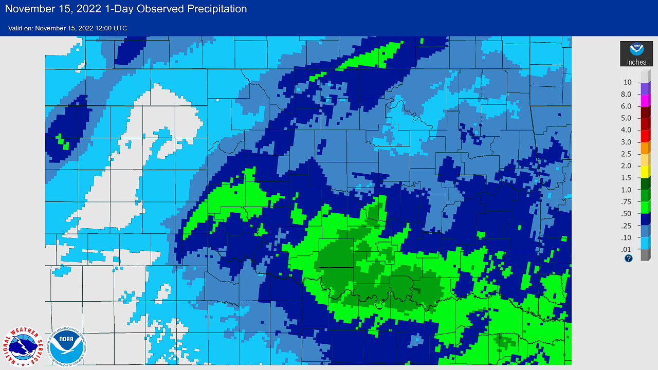 24-hr Precipitation Amounts Ending at 6 AM CST on November 15, 2022 Snowfall Event in Central/Western Oklahoma