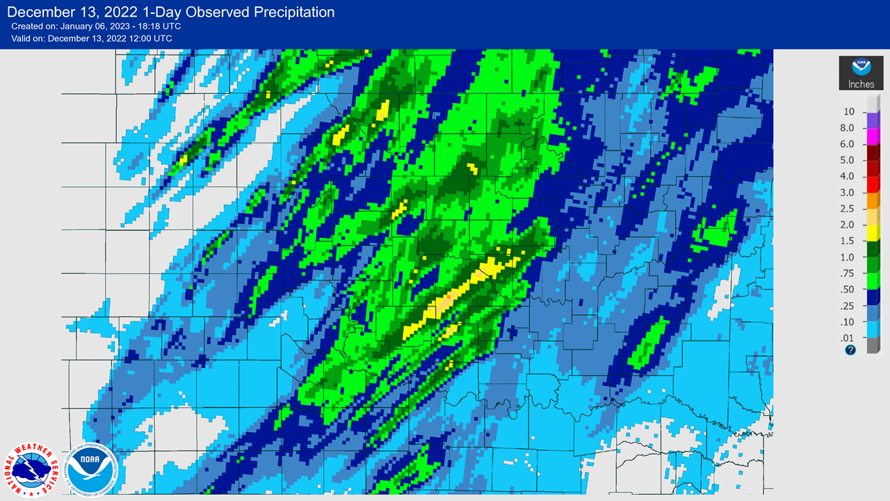 24-hour Multisensor Precipitation Totals ending at 6:00 AM CST on December 13, 2022