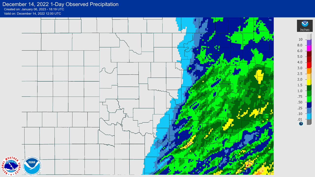 24-hour Multisensor Precipitation Totals ending at 6:00 AM CST on December 14, 2022