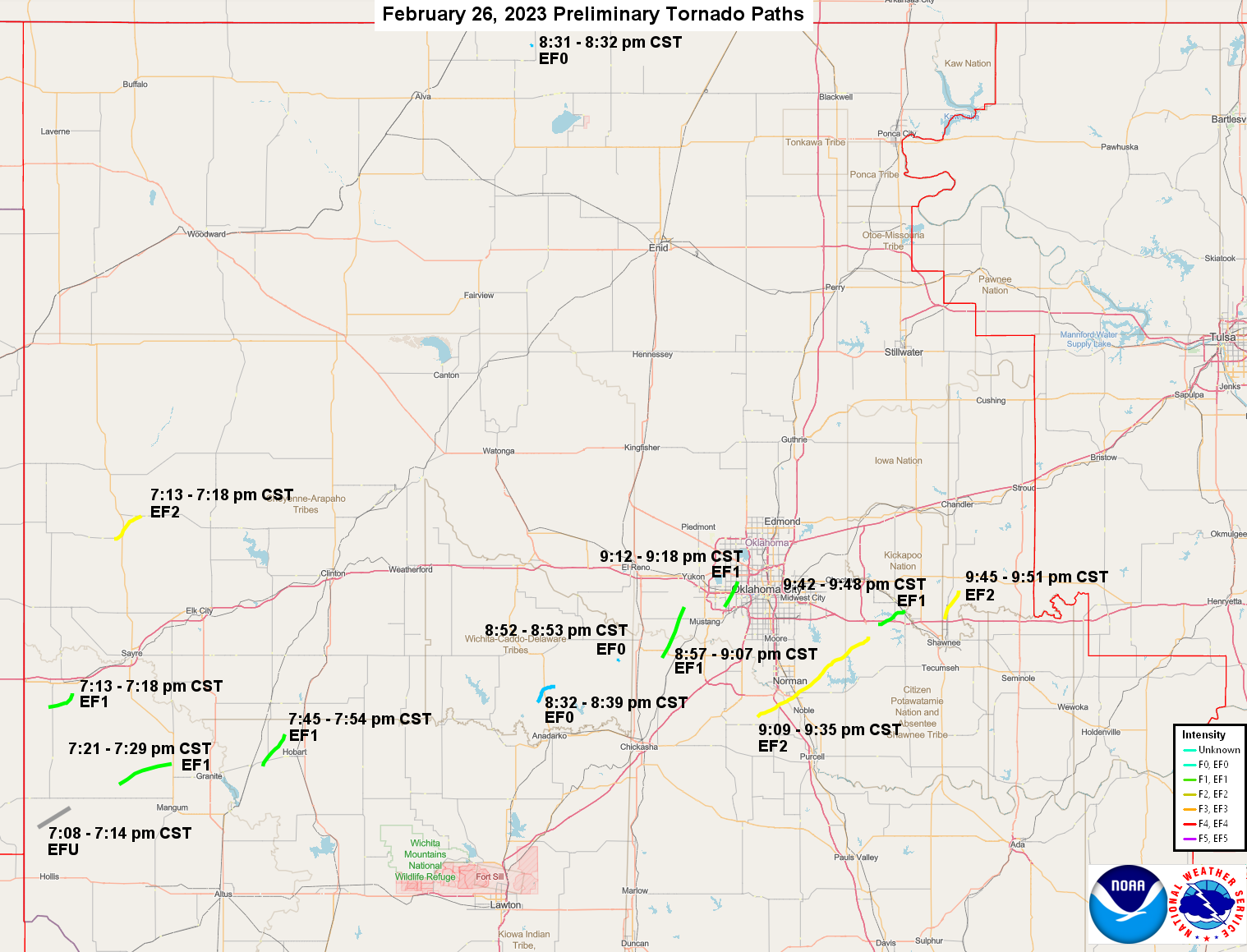 Areas Where Storm Surveys Were Conducted on February 27, 2023 and 5 Tornadoes Were Confirmed
